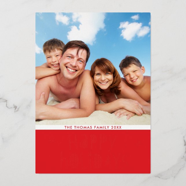 FAMILY PHOTO CHRISTMAS modern typography happy Hol Foil Holiday Card (Front)