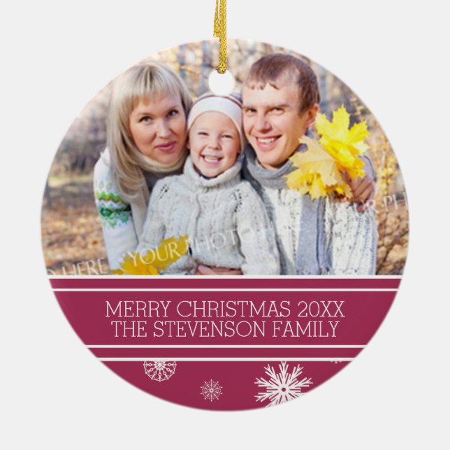 Family Photo Christmas Ornament Burgundy Snow (Back)