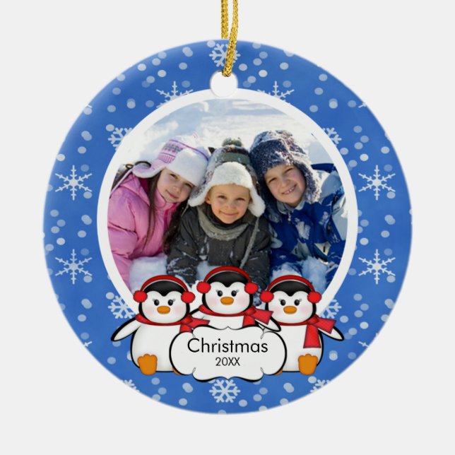 Family Photo Christmas Ornament Cute Penguins (Front)