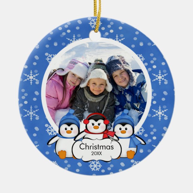 Family Photo Christmas Ornament Cute Penguins (Front)