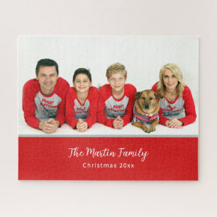 Family Photo Christmas Pyjamas Personalised Red Jigsaw Puzzle