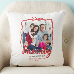 Family Photo Christmas Red Bow Holiday Keepsake Cushion