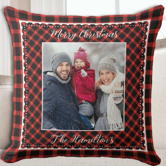 Family Photo Christmas Red Buffalo Plaid Cushion