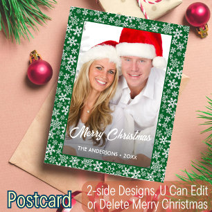 Family Photo Christmas Snowflakes Script Green Holiday Postcard