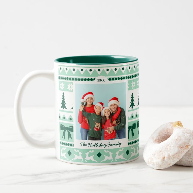 Family Photo Christmas Sweater Mint Green Two-Tone Coffee Mug (With Donut)