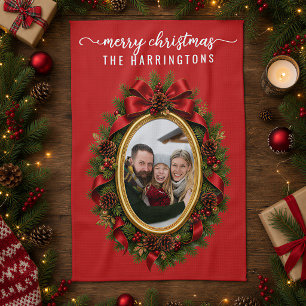 Family Photo Christmas Tree Wreath Elegant Script Tea Towel