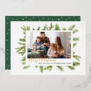 Family Photo Christmas Winter Pine Gold Foil Holiday Card