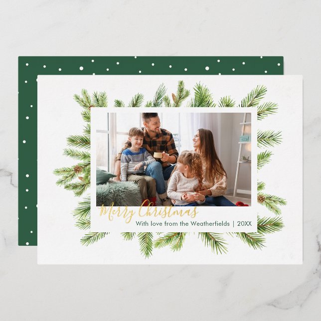Family Photo Christmas Winter Pine Gold Foil Holiday Card (Front/Back)