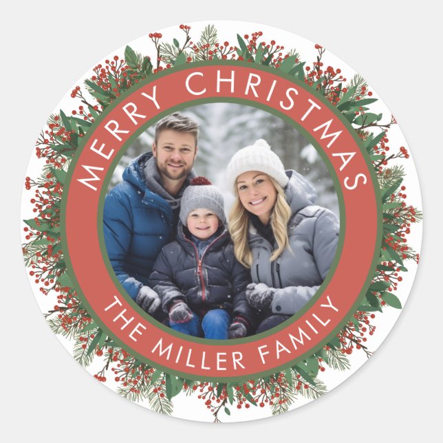 Family Photo Christmas Wreath Red Green Modern Classic Round Sticker (Front)