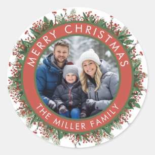 Family Photo Christmas Wreath Red Green Modern Classic Round Sticker