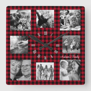 Family Photo Clock, Collage of 8, Buffalo Plaid Square Wall Clock