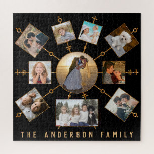 Family Photo Collage 10 Pics Black Gold Name Jigsaw Puzzle