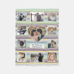 Family Photo Collage 11 Custom Heart Retro Stripe Fleece Blanket