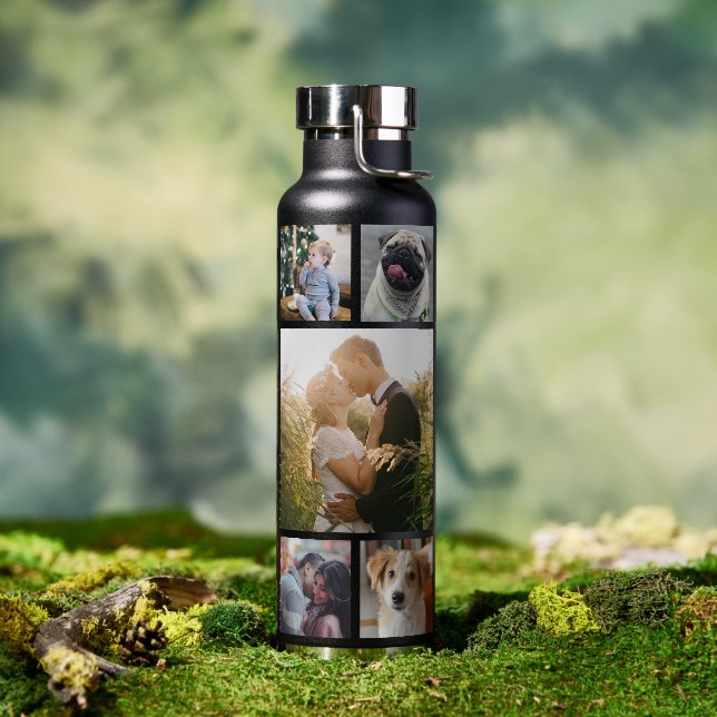 Family Photo Collage 11 Custom Pictures | Black Water Bottle (Outdoor)