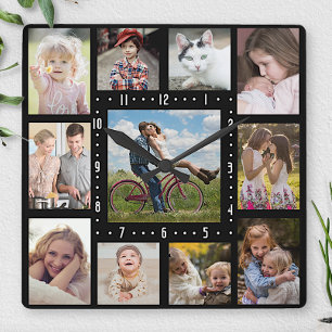 Family Photo Collage 11 Instagram Pictures   Black Square Wall Clock