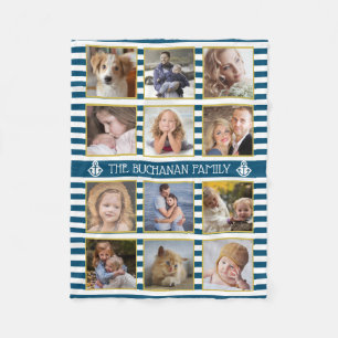 Family Photo Collage 12 Pics Name Nautical Stripes Fleece Blanket
