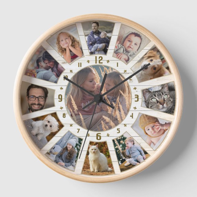 Family Photo Collage 13 Farmhouse Lt Wood Custom Clock (Front)