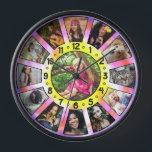 Family Photo Collage 13 Retro Tie-Dye Custom Easy Clock<br><div class="desc">This fun, colourful tie-dyed photo collage clock features 13 of your favourite family photographs in a circle shape, with one picture in the centre and 12 around it, coinciding with the clock hours. Each photo has a border of black, and there are also black numbers with little sun icons between...</div>