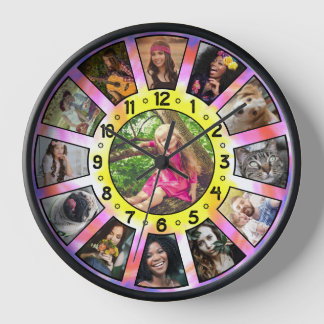 Family Photo Collage 13 Retro Tie-Dye Custom Easy Clock