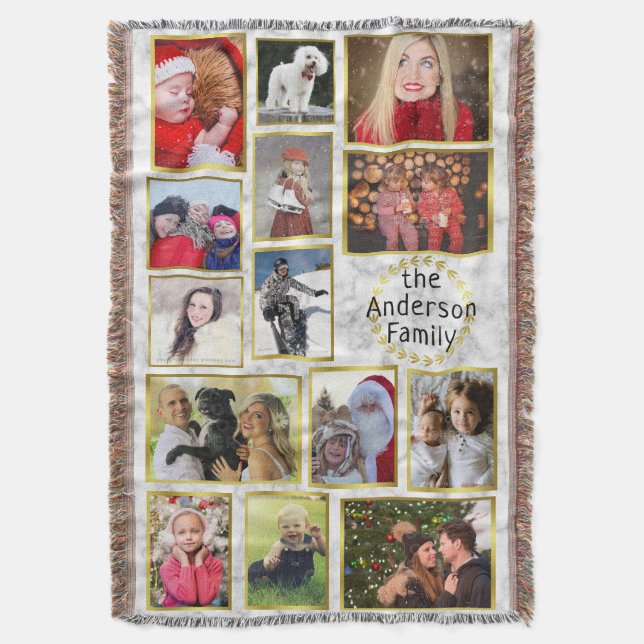 Family Photo Collage 14 Pictures Marble Gold Easy Throw Blanket (Front Vertical)