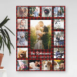 Family Photo Collage 15   Name Red Buffalo Plaid Canvas Print<br><div class="desc">Display your favourite family or wedding memories with this beautiful photo collage art in red buffalo plaid. This design includes one large central vertical photo, along with 2 smaller vertical photos and 12 square Instagram-style pictures. Add your name in white. The words "Love - Happiness" can also be changed or...</div>