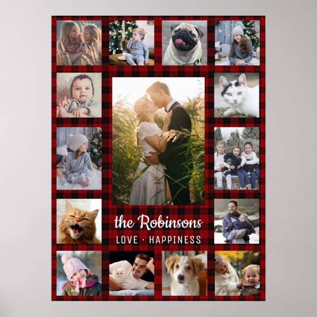 Family Photo Collage 15 + Name Red Buffalo Plaid Poster (Front)