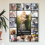 Family Photo Collage 15 Pictures   Name Black Easy Canvas Print<br><div class="desc">Display your family or wedding memories with this beautiful photo collage design. This design includes one large central vertical photo, along with 2 smaller vertical photos and 12 square Instagram-style pictures. Add your name in very light grey. The words "Love - Happiness" can also be changed or left as-is (they...</div>
