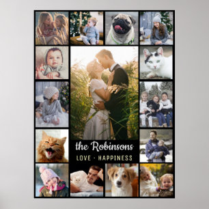 Family Photo Collage 15 Pictures + Name Black Easy Poster