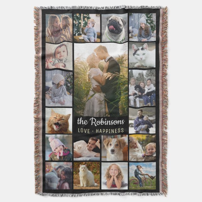 Family Photo Collage 15 Pictures + Name Black Easy Throw Blanket (Front Vertical)