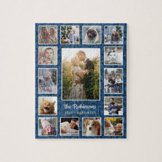 Family Photo Collage 15 Pictures Name Blue Floral Jigsaw Puzzle