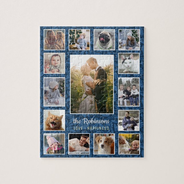 Family Photo Collage 15 Pictures Name Blue Floral Jigsaw Puzzle (Vertical)