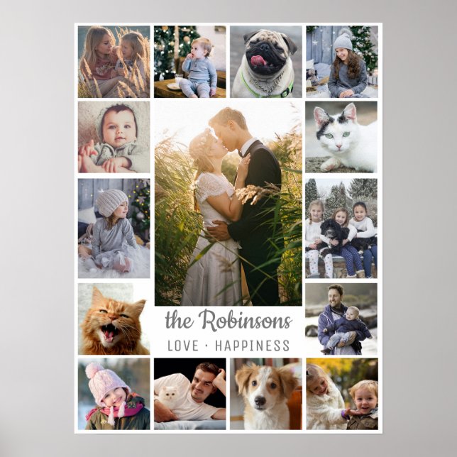 Family Photo Collage 15 Pictures + Name Gray White Poster (Front)