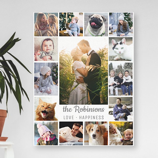 Family Photo Collage 15 Pictures + Name Grey White Canvas Print (Creator Uploaded)