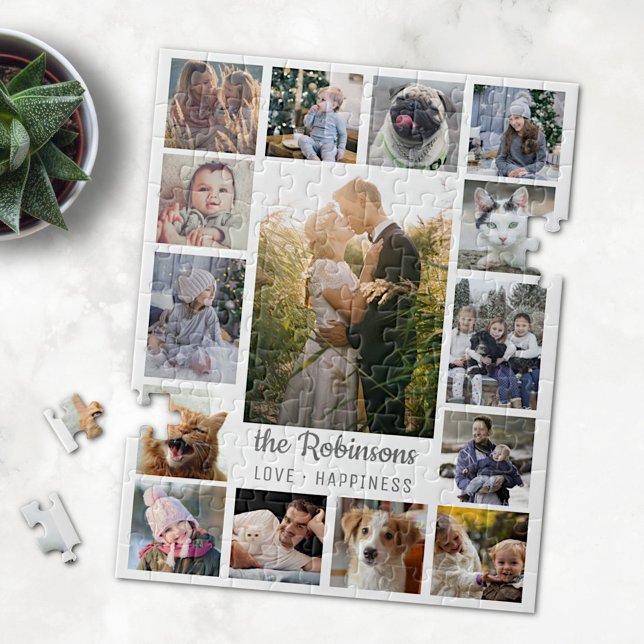 Family Photo Collage 15 Pictures + Name White Easy Jigsaw Puzzle (Creator Uploaded)