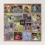 Family photo collage 16 photos on wood monogrammed jigsaw puzzle<br><div class="desc">Family photo collage 16 photos on rustic wood,  monogrammed jigsaw puzzle.
You can personalise it and add your most beautiful photos and monogram. Great fun !</div>