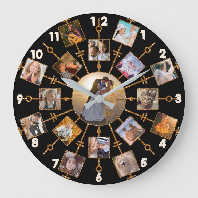 Family Photo Collage 17 Pictures Pretty Black Gold Large Clock (Front)