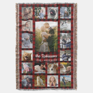 Family Photo Collage 19 + Name Red Buffalo Plaid Throw Blanket