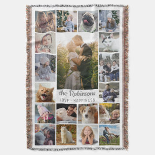 Family Photo Collage 19 Pictures + Name Grey White Throw Blanket