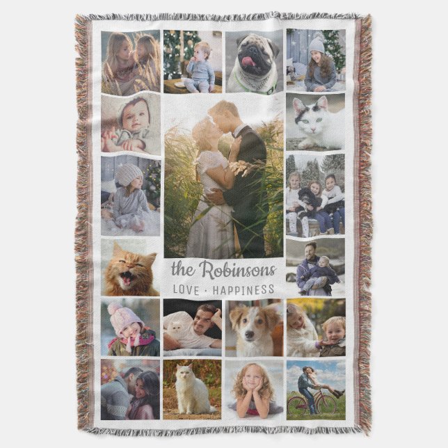 Family Photo Collage 19 Pictures + Name Grey White Throw Blanket (Front Vertical)
