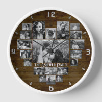 Family Photo Collage 20 B&W Heart Pics + Name Wood