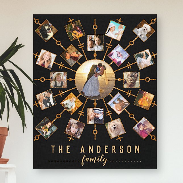 Family Photo Collage 21 Pictures Black Gold + Name Canvas Print (Creator Uploaded)