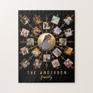 Family Photo Collage 21 Pictures Black Gold + Name Jigsaw Puzzle