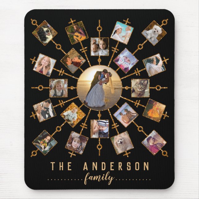 Family Photo Collage 21 Pictures Black Gold + Name Mouse Mat (Front)