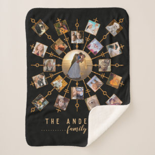Family Photo Collage 21 Pictures Black Gold + Name Sherpa Blanket