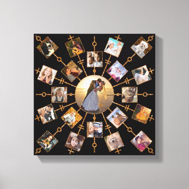 Family Photo Collage 21 Pictures Pretty Black Gold Canvas Print (Front)
