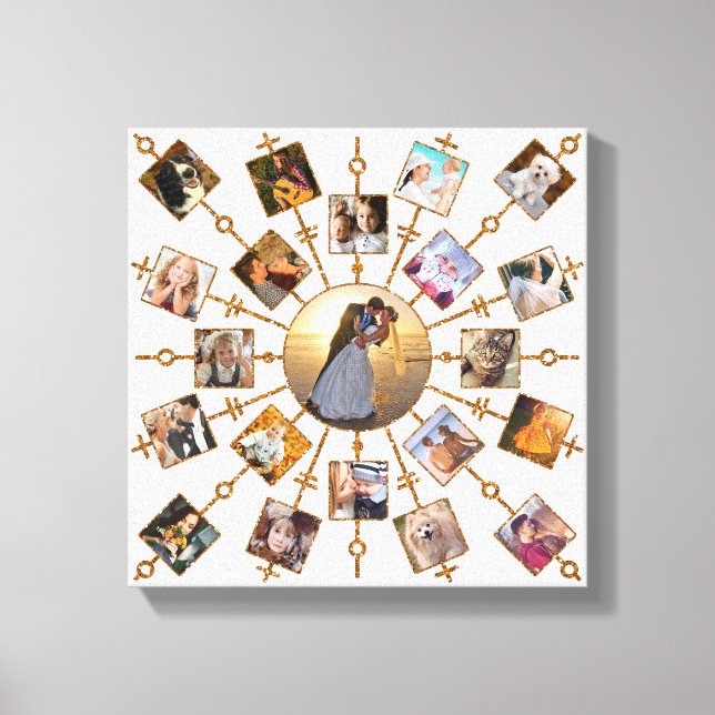 Family Photo Collage 21 Pictures Pretty White Gold Canvas Print (Front)