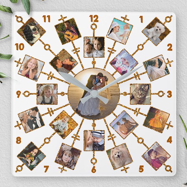 Family Photo Collage 21 Pictures Pretty White Gold Square Wall Clock (Creator Uploaded)