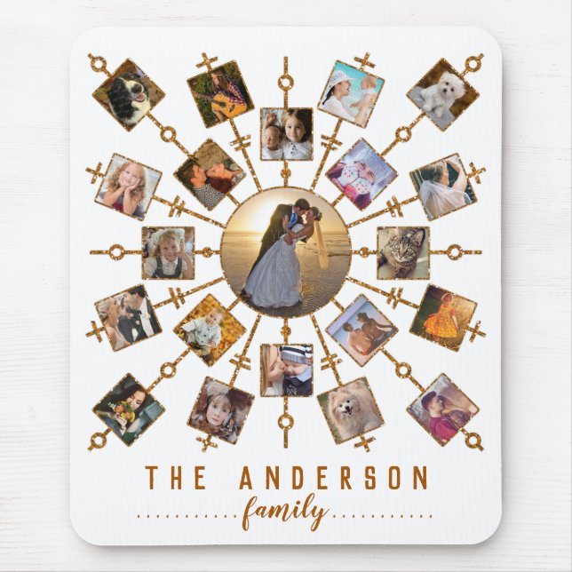 Family Photo Collage 21 Pictures White Gold + Name Mouse Mat (Front)