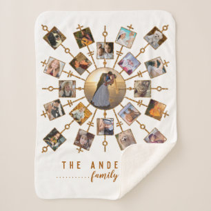 Family Photo Collage 21 Pictures White Gold + Name Sherpa Blanket