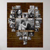 Family Photo Collage 25 B&W Heart Pics + Name Wood